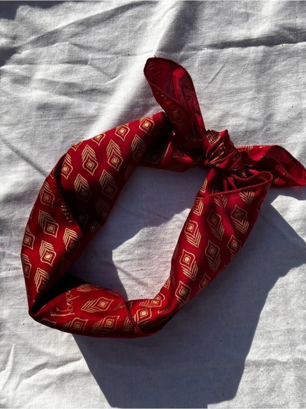 Red Geometric Feather Silk Bandana Scarf by Symbology Rachel Zoe